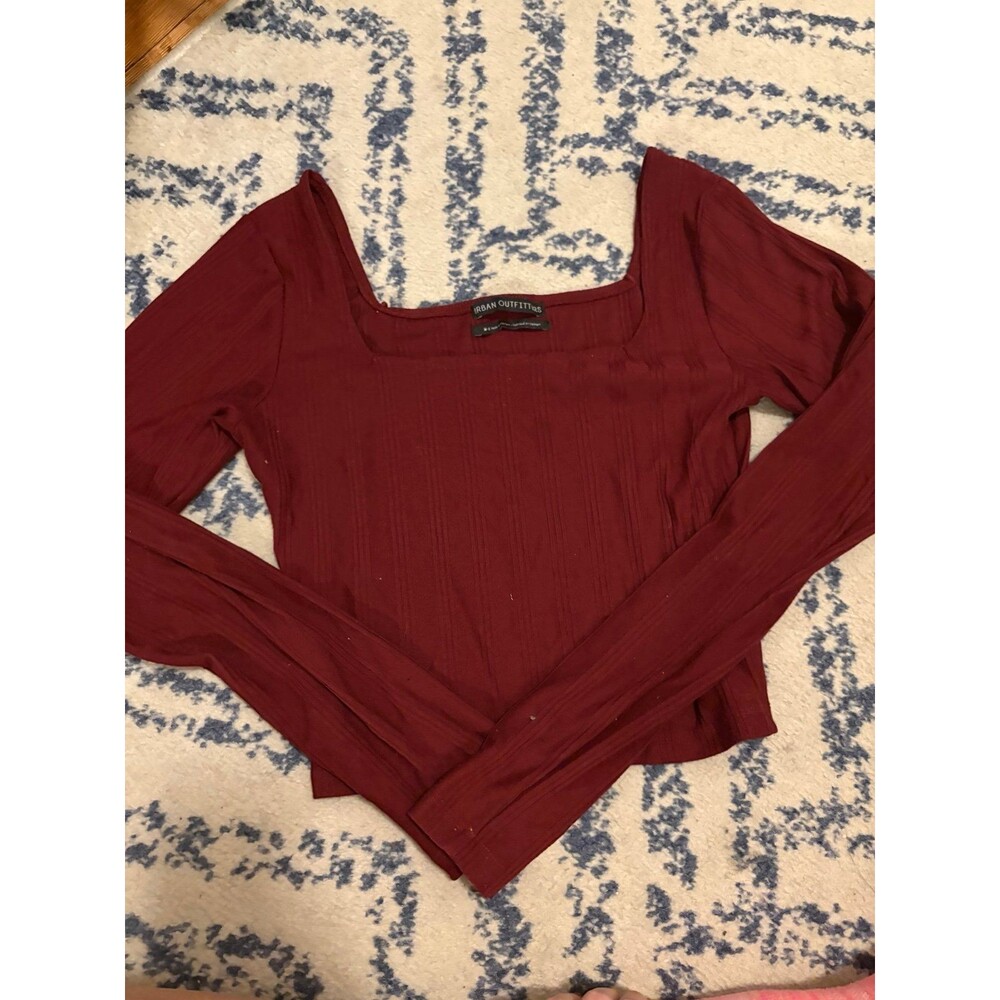 Dark Red Square Neck Ribbed Urban Outfitters Long Sleeve Top